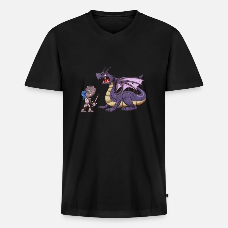 Ritter VS Drache - Männer Premium Bio T-Shirt mit V-Ausschnitt - Schwarz
