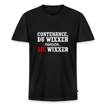 Contenance, Du Wixxer - Männer Premium Bio T-Shirt mit V-Ausschnitt - Schwarz - Vorne - Nico (187cm)
