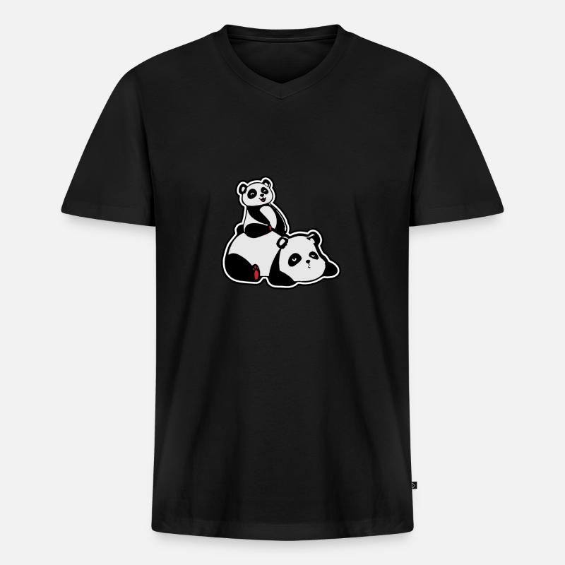Panda mit Kind - Männer Premium Bio T-Shirt mit V-Ausschnitt - Schwarz