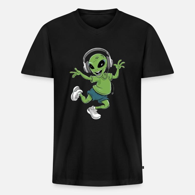 Alien Mit Kopfhörer - Männer Premium Bio T-Shirt mit V-Ausschnitt - Schwarz