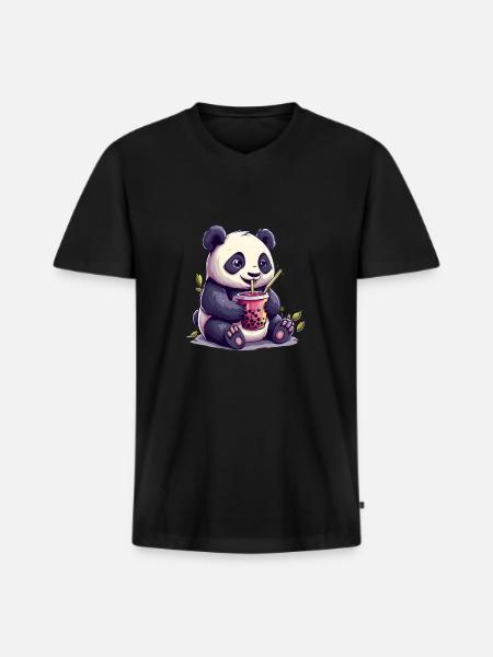 Niedlicher Panda mit Tee - Männer Premium Bio T-Shirt mit V-Ausschnitt - Schwarz