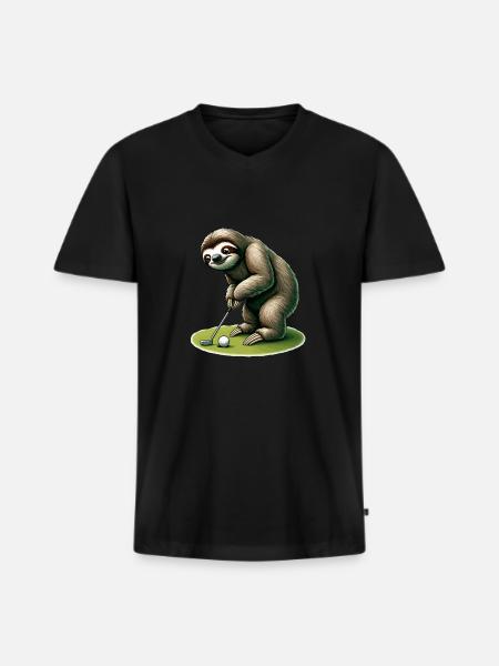 Lustiges Faultier beim Golfen - Männer Premium Bio T-Shirt mit V-Ausschnitt - Schwarz