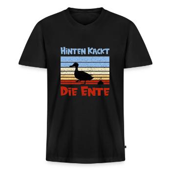 Lustige Ente mit coolem Spruch - Männer Premium Bio T-Shirt mit V-Ausschnitt - Schwarz - Vorne - Nico (187cm)