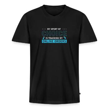 Boutique en ligne Mon sport préféré suit mon - T-shirt encolure en V Premium bio Homme - noir - Devant - Nico (187cm)