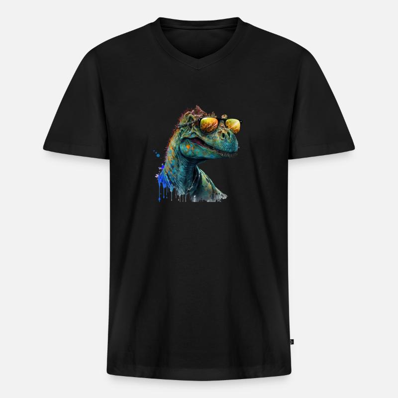 cooler Dino mit Sonnenbrille, Urzeitechse - Männer Premium Bio T-Shirt mit V-Ausschnitt - Schwarz