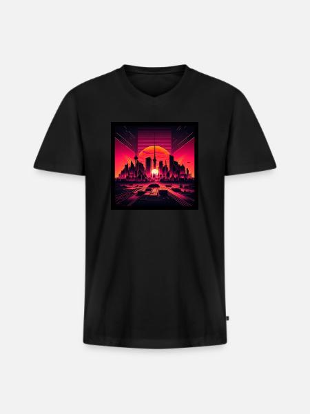 Skyline of Berlin in the evening light Vaporwave optics - Men's Premium Organic T-shirt with V-neck - black