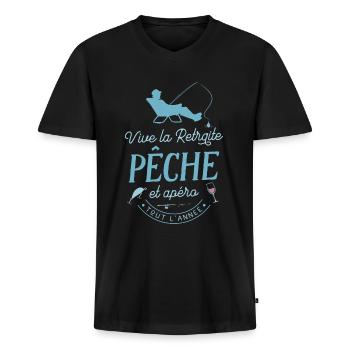 Vive Retraite Pêche Apéro Pêcheur Retraité Humour - T-shirt encolure en V Premium bio Homme - noir - Devant - Nico (187cm)