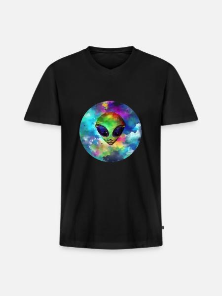 Tête d'Alien devant sa Planète - T-shirt encolure en V Premium bio Homme - noir