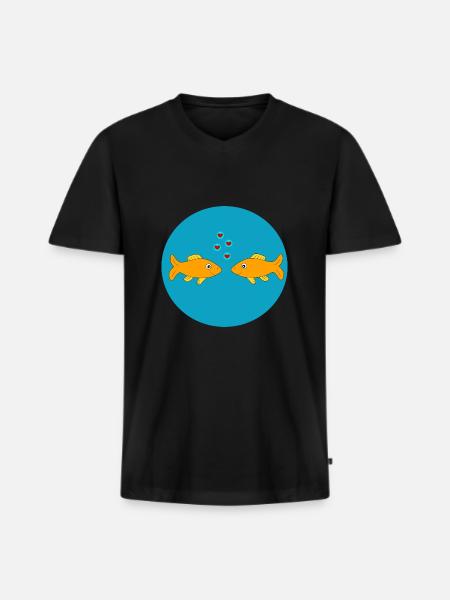 Fisk, Fisk, Fiskeri, Havtaske, Par, Par, Hjerte - Premium økologisk T-shirt med V-hals til mænd - sort