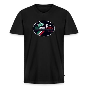Stelvio Pass Sticker T Shirt Design 03 - Männer Premium Bio T-Shirt mit V-Ausschnitt - Schwarz - Vorne - Nico (187cm)