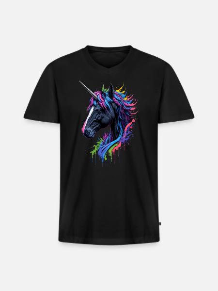 Rainbow Splash Einhorn - Männer Premium Bio T-Shirt mit V-Ausschnitt - Schwarz