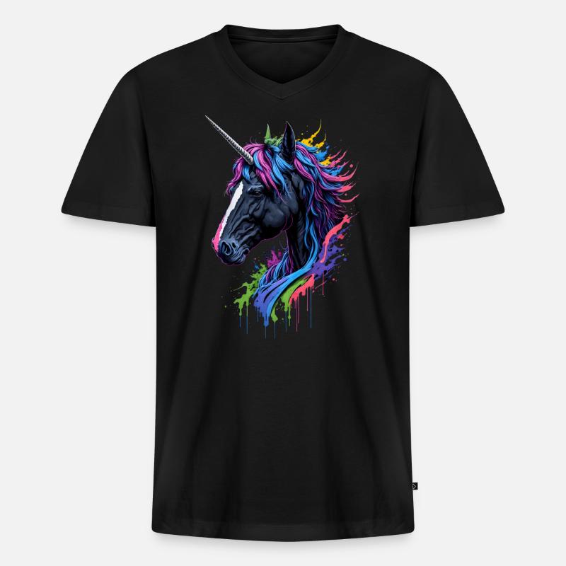 Rainbow Splash Einhorn - Männer Premium Bio T-Shirt mit V-Ausschnitt - Schwarz