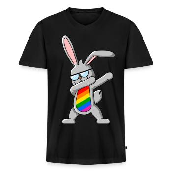LGBTQIA+ Dabbing Hase - Regenbogen Dab Tanz - Männer Premium Bio T-Shirt mit V-Ausschnitt - Schwarz - Vorne - Nico (187cm)