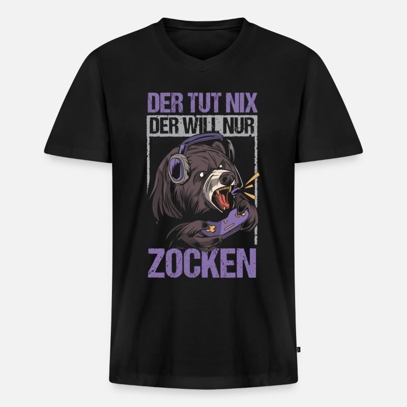Der will nur Zocken - Männer Premium Bio T-Shirt mit V-Ausschnitt - Schwarz