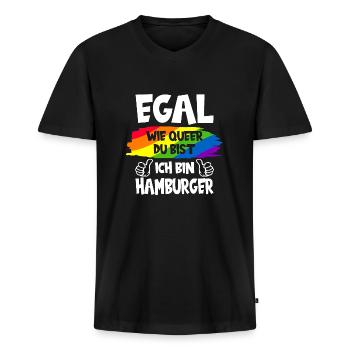HAMBURG QUEER LGBT HAMBURGER REGENBOGENFAHNE - Männer Premium Bio T-Shirt mit V-Ausschnitt - Schwarz - Vorne - Nico (187cm)