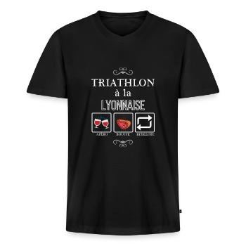 Triathlon à la lyonnaise apéro bouffe rebelote - T-shirt encolure en V Premium bio Homme - noir - Devant - Nico (187cm)