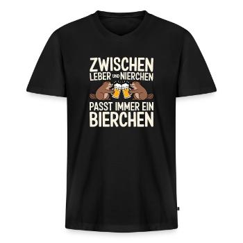 Zwischen Leber und Nierchen passt immer ein Bierch - Männer Premium Bio T-Shirt mit V-Ausschnitt - Schwarz - Vorne - Nico (187cm)
