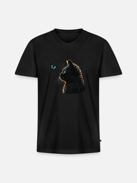 Chat et papillon bleu - T-shirt encolure en V Premium bio Homme - noir