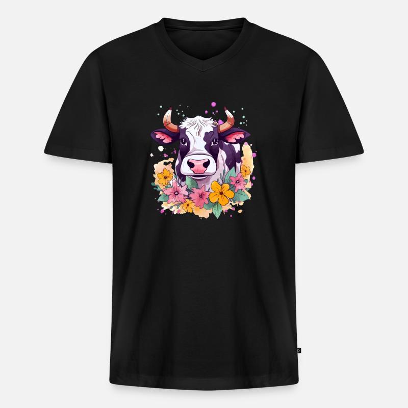 Kuh und Blumen - Männer Premium Bio T-Shirt mit V-Ausschnitt - Schwarz
