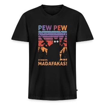 Pew Pew Chat drôle - T-shirt encolure en V Premium bio Homme - noir - Devant - Nico (187cm)