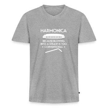Harmonica Mundharmonika Spruch Shirt - Männer Premium Bio T-Shirt mit V-Ausschnitt - Grau meliert - Vorne