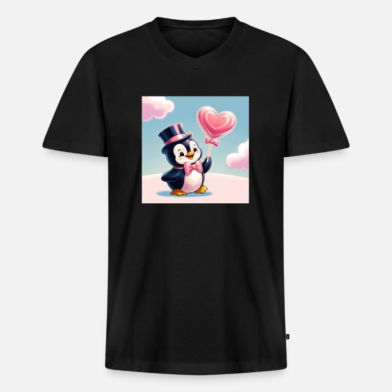 Pinguin mit Herz - Männer Premium Bio T-Shirt mit V-Ausschnitt - Schwarz
