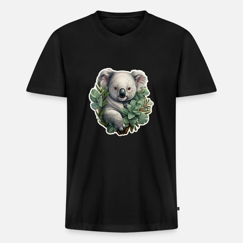 Koala mit Eukalyptus - Männer Premium Bio T-Shirt mit V-Ausschnitt - Schwarz