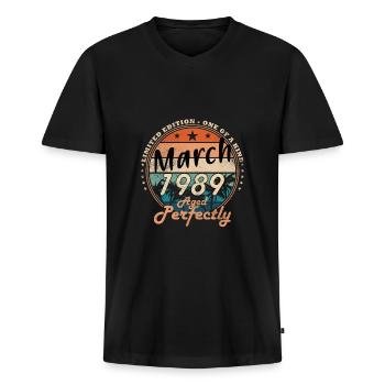Date de naissance 1989 Mars 1989 Né en Mars 1989 - T-shirt encolure en V Premium bio Homme - noir - Devant - Nico (187cm)