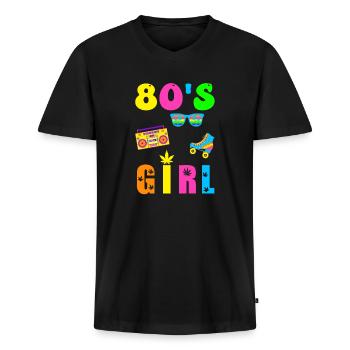 80s Girl - Retro Girl 80er Jahre Neonfarben Disco - Männer Premium Bio T-Shirt mit V-Ausschnitt - Schwarz - Vorne - Nico (187cm)
