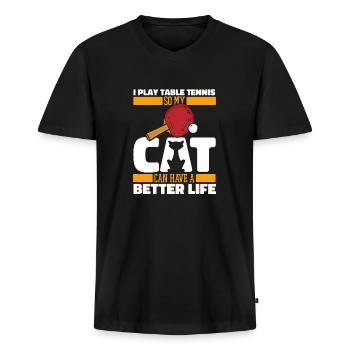 Tischtennis Pingpong Katze - Männer Premium Bio T-Shirt mit V-Ausschnitt - Schwarz - Vorne - Nico (187cm)
