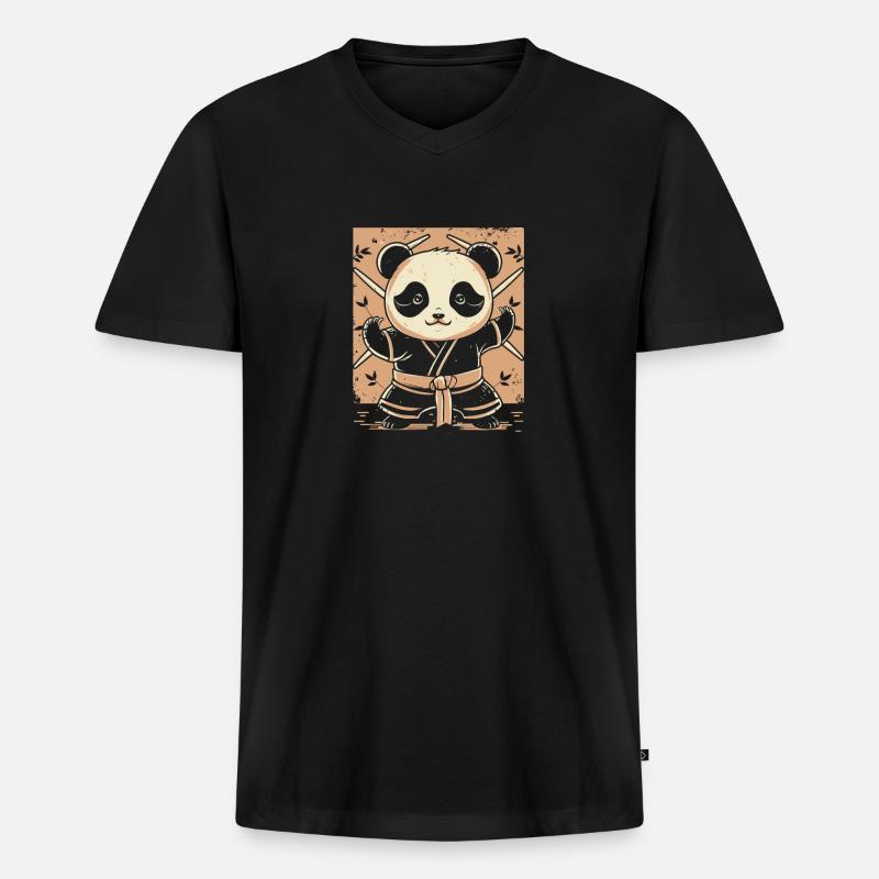 Karate Panda - Männer Premium Bio T-Shirt mit V-Ausschnitt - Schwarz