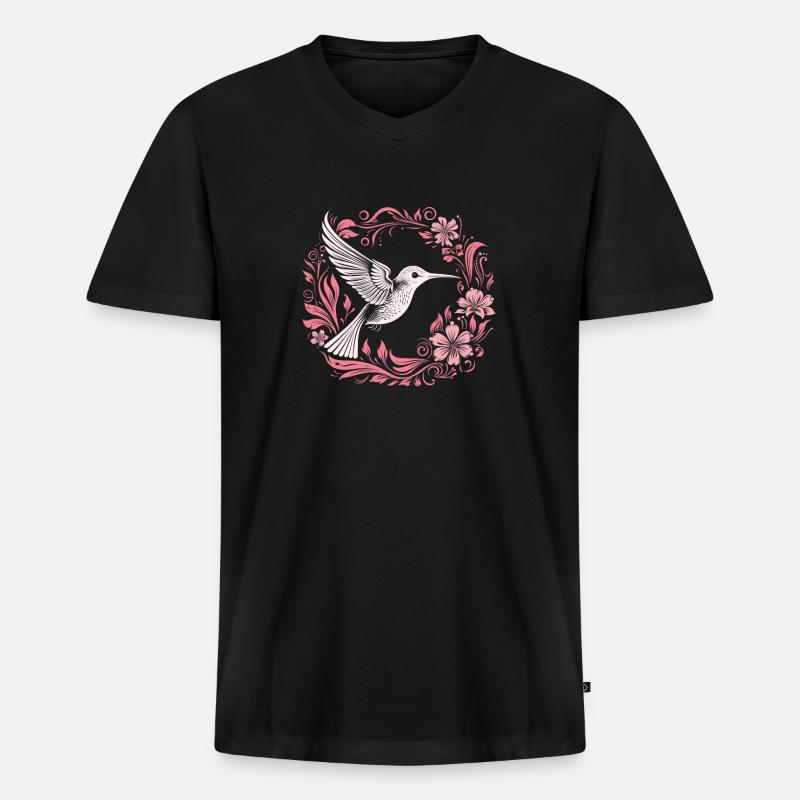 Kolibri Blumen - Männer Premium Bio T-Shirt mit V-Ausschnitt - Schwarz