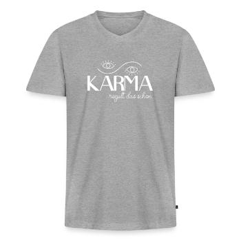 Karma regelt das schon | Spruch - Männer Premium Bio T-Shirt mit V-Ausschnitt - Grau meliert - Vorne