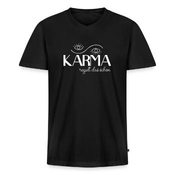 Karma regelt das schon | Spruch - Männer Premium Bio T-Shirt mit V-Ausschnitt - Schwarz - Vorne - Nico (187cm)