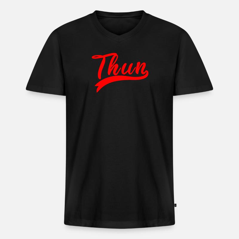 Thun Script Rot Logo - Männer Premium Bio T-Shirt mit V-Ausschnitt - Schwarz