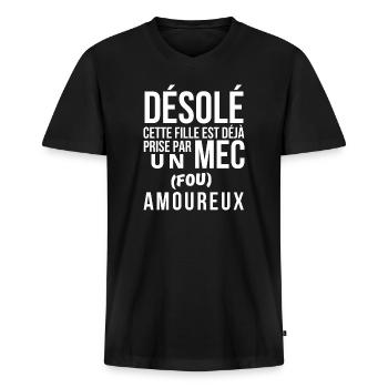 amoureux, amoureuse, fou amoureux - T-shirt encolure en V Premium bio Homme - noir - Devant - Nico (187cm)