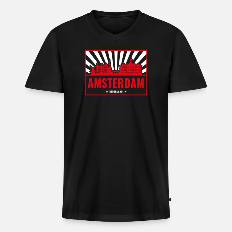 Amsterdam Skyline Rot Silhouette - Männer Premium Bio T-Shirt mit V-Ausschnitt - Schwarz