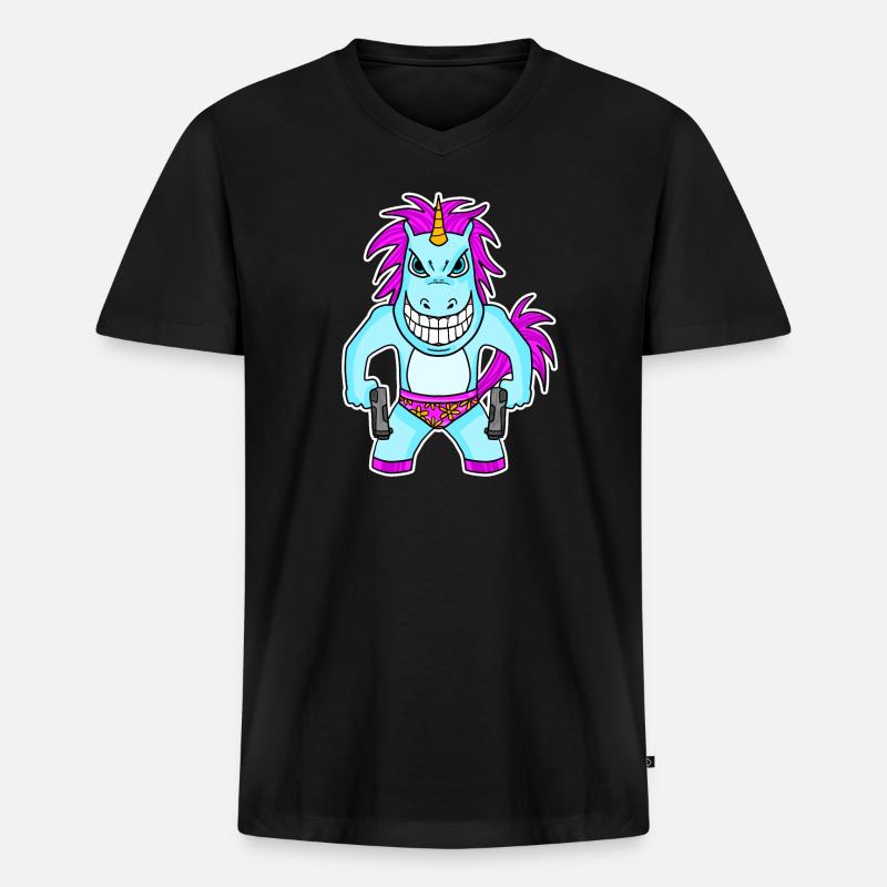 Einhorn mit Pistole - Männer Premium Bio T-Shirt mit V-Ausschnitt - Schwarz