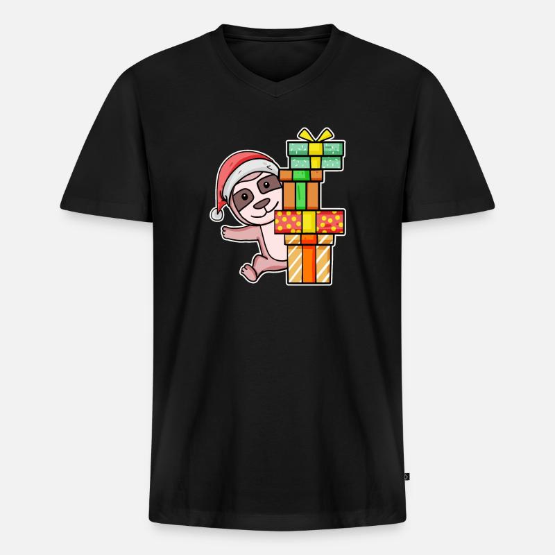 Weihnachten Faultier mit Geschenke - Männer Premium Bio T-Shirt mit V-Ausschnitt - Schwarz