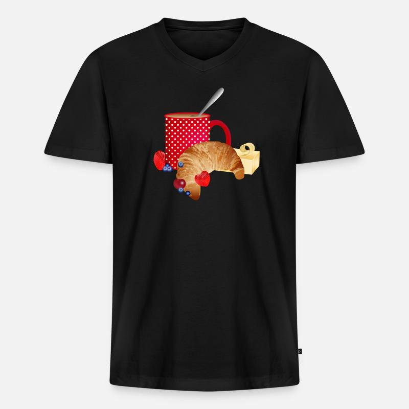 Frühstücks Stillleben mit Croissant,Kaffee, Beeren - Männer Premium Bio T-Shirt mit V-Ausschnitt - Schwarz
