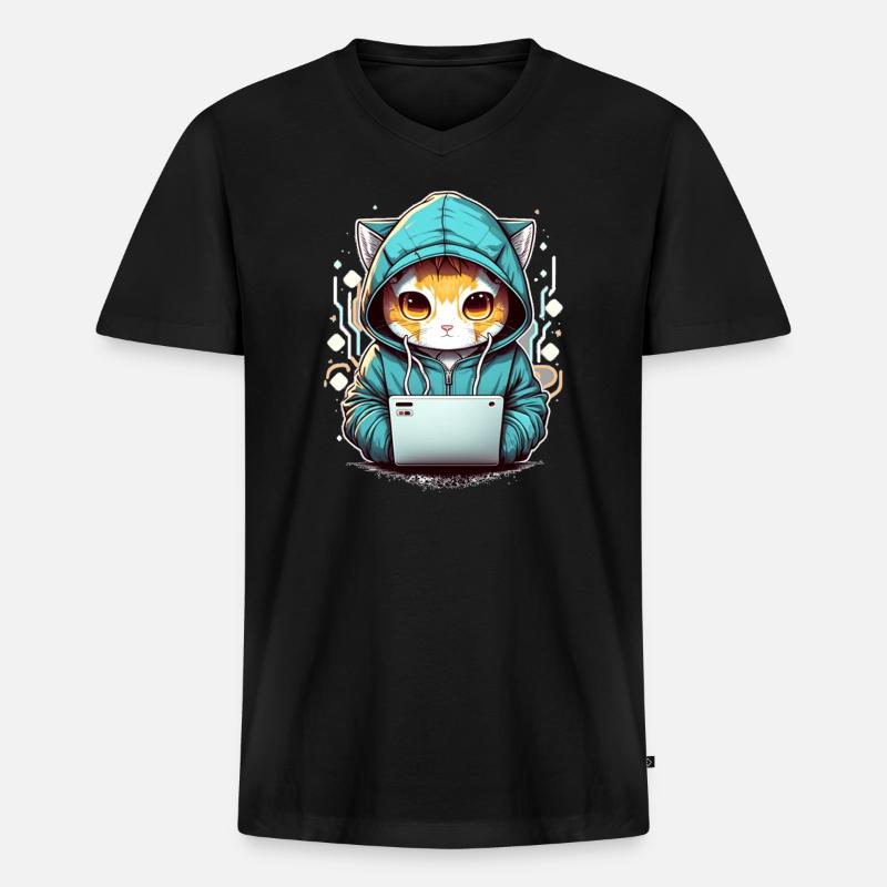 Coding cat - Männer Premium Bio T-Shirt mit V-Ausschnitt - Schwarz
