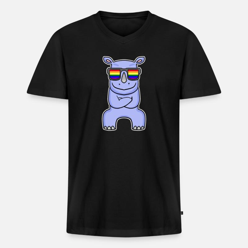 Regenbogen - Nashorn mit Brille - Männer Premium Bio T-Shirt mit V-Ausschnitt - Schwarz