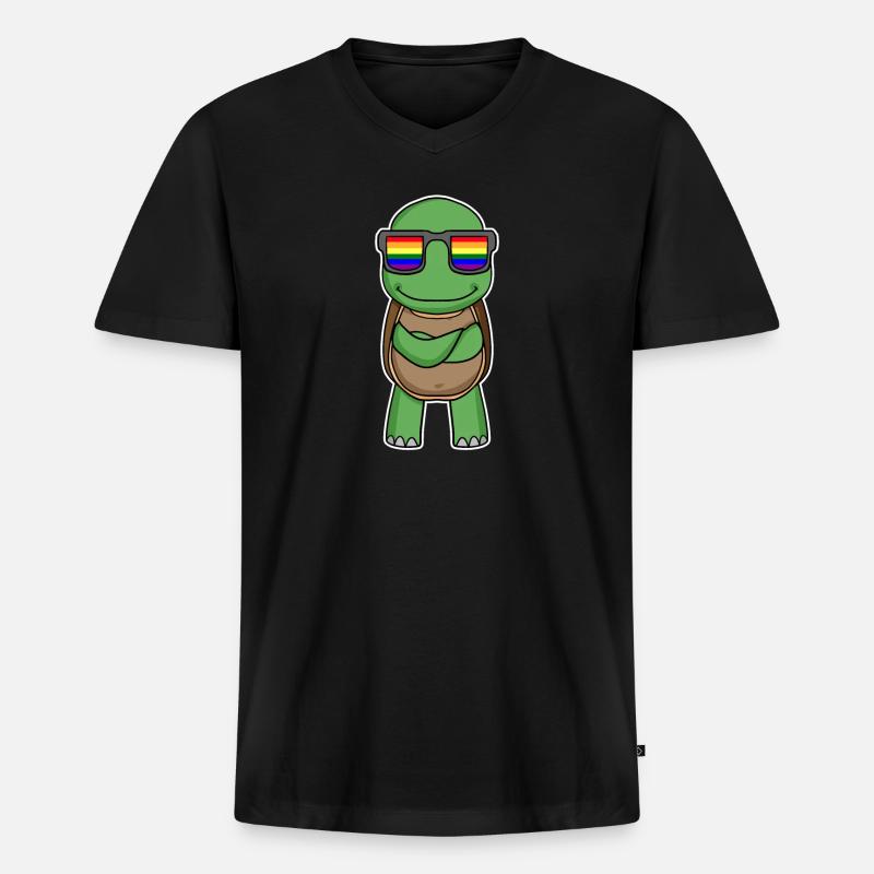 Regenbogen - Schildkröte mit Brille - Männer Premium Bio T-Shirt mit V-Ausschnitt - Schwarz