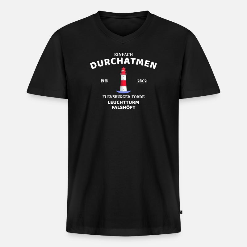Flensburger Förde, Leuchtturm Falshöft, Durchatmen - Männer Premium Bio T-Shirt mit V-Ausschnitt - Schwarz