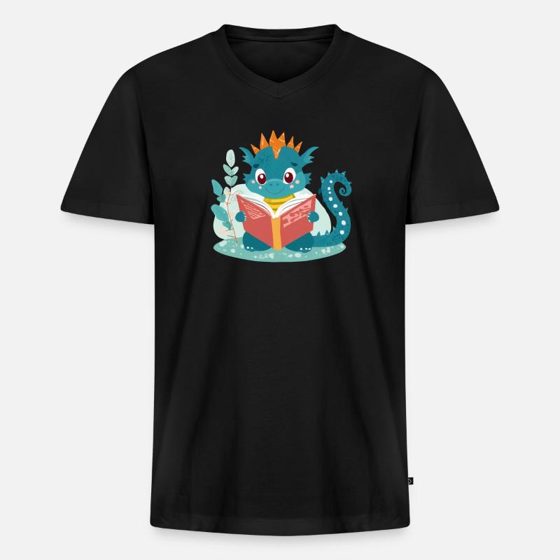 Kleiner Drache mit Buch - Männer Premium Bio T-Shirt mit V-Ausschnitt - Schwarz