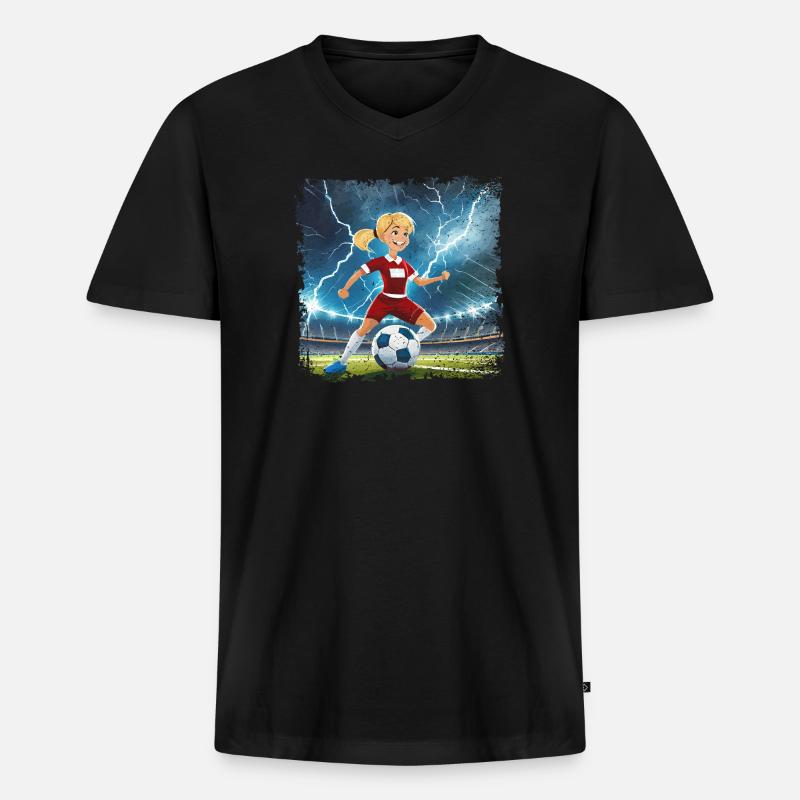 Fussballerin Comicfigur Stadion mit Blitzen - Männer Premium Bio T-Shirt mit V-Ausschnitt - Schwarz