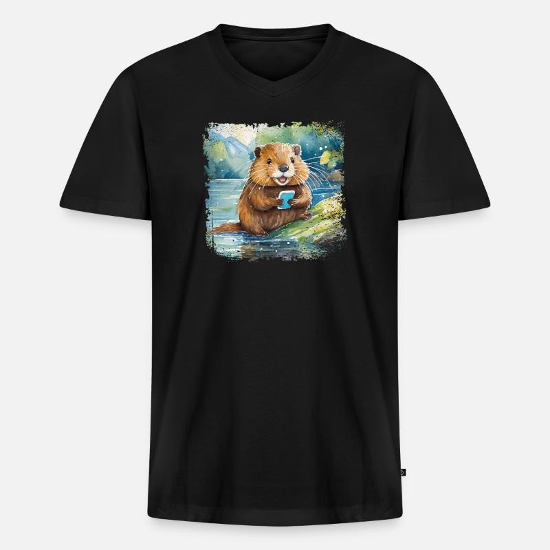 Niedlicher junger Biber mit Handy - Männer Premium Bio T-Shirt mit V-Ausschnitt - Schwarz