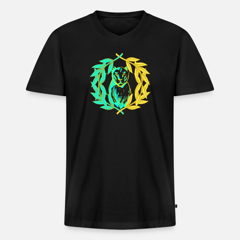 Leopard Tiger Katze Lorbeerkranz - Männer Premium Bio T-Shirt mit V-Ausschnitt - Schwarz