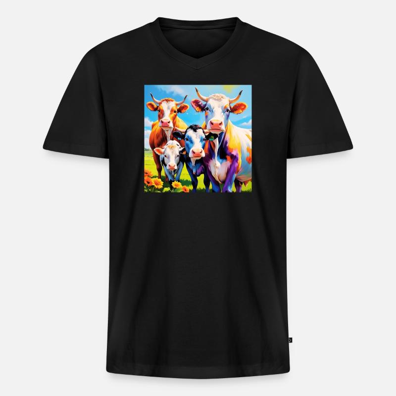 Lebendiges, farbenfrohes Kuhherden-Design - Männer Premium Bio T-Shirt mit V-Ausschnitt - Schwarz