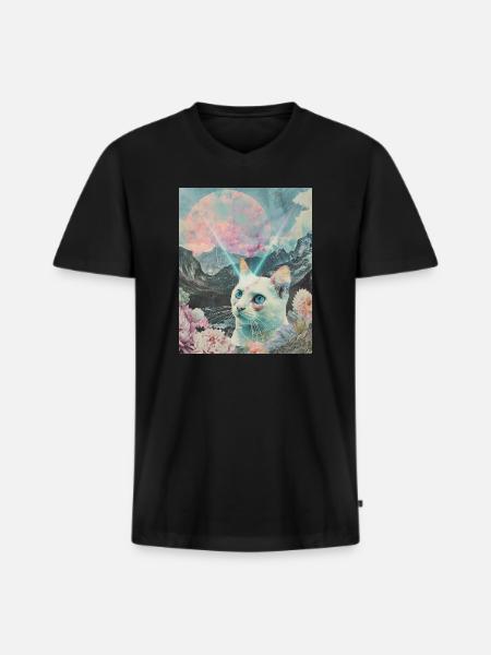 Comet cat between blooming peaks - Men's Premium Organic T-shirt with V-neck - black